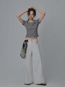 Slimming Loose Casual Jeans Womens High Waist Wide Leg Pants Spring Summer Light Grey Denim Clean Cool Style Casual Jeans