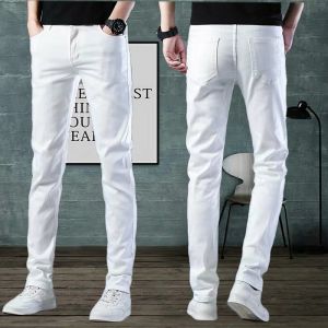 White Slim Fit Jeans Mens Summer Thin Straight Leggings mid Waist Elastic Nine Points Long Pants Fashionable Cotton Stretch Denim