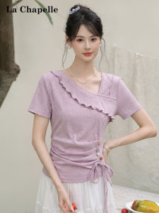 La Chapelle | Bow Tie Purple Short Sleeve T-shirt Feminine Flared Collar Slim Fit