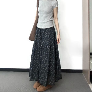 Floral A-Line Midi Skirt High Waist Womens New 2025 Conceal Hip Slimming Long Draping Gored Skirts Korean Style Polyester Fiber