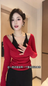 red fitted top for women korean style off shoulder t shirt with long sleeve aesthetic plus size tops
