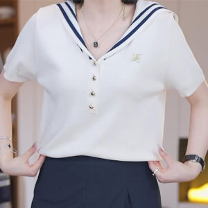 Shalldoer | Casual Korean Style Knitted Shirt Navy Collar Short Sleeve Womens Fashionable Ageless Top Summer Leisure Versatile Ladies Wear