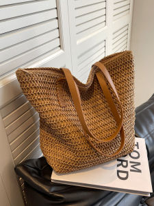 Summer Large Capacity Straw Woven Shoulder Bag Womens Commuter Tote Beachside Crafted Handbag Korean Style Pure Color