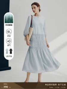 Blue French Style Acetate Dress Womens 3/4 Sleeve Summer New Folded High-End Long Skirt A-Line Silhouette Casual round Neck