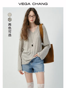 Casual Long Sleeve V-Neck Slim Fit T-Shirt Womens Summer Thin Style Top Comfortable Breathable Pure Color Loose Fit T-Shirt