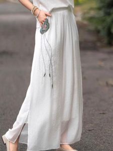 Summer New Chinese Style High Waist Double Layer Wide Leg Pants Women Loose Slimming Embroidered Slit Casual Pants Silk Linen