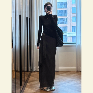 Elegant Black T-Shirt Dress Set High Waist A-Line Skirt Long Sleeve round Neck Commute Style Korean Fashion Polyester Fiber