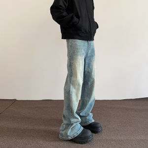 กางเกงยีนส์ทรงตรงเอวสูงสไตล์อเมริกัน CleanFit กางเกงยีนส์ทรงหลวมขาตรงทรงวินเทจสีเหลือง กางเกงขายาวทรงหลวมสำหรับผู้ชาย