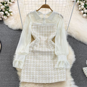 Fall New Style French Small Fragrance Wind A-Line Dress Womens Midi Skirt with Shawl Collar Long Sleeve High Waist Design