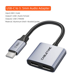 Cabletimes | CABLETIME PD 60W Fast Charger Aluminium Adapter USB C to Dual USB C Headphone and Charger Adapter 2-in-1 for IPhone HUAWEI