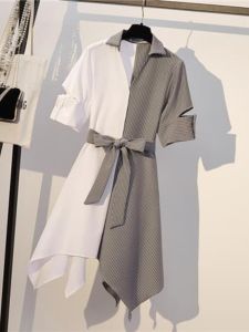 Elegant Spring Summer New Style Little Fragrance Wind Color Block Waist Cinching Slimming Goddess Mysterious Uneven Belted Dress