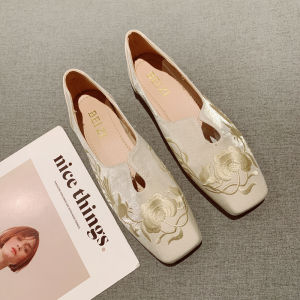 Retro Flat Bottom Single Shoes Womens Spring Summer New Style Square Head Embroidered Soft Bottom Hanfu Cheongsam Bean Shoes