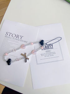 Original Sweet Cool Girl Black Pink Beaded Mobile Phone Lanyard Love Heart Bow Tie CCD Camera Small Pendant Chain Wrist Strap