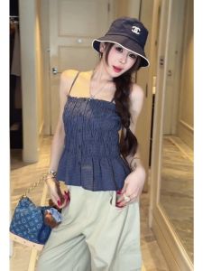YUEZHONGWEI | Áo Tank Top Duyên Dáng Thiết Kế Độc Đáo Họa Tiết Carô Xanh Form Ngắn
