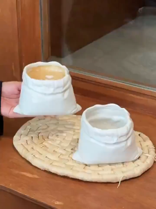 Hand-crafted Bag-shaped Ceramic Coffee Cup Vintage Heat-resistant Non-slip for Home Office