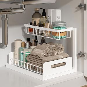 Gainward | 2 Tier Under Sink Organizer Pull Out Sliding Drawer Fixed Metal Storage Rack for Kitchen Bathroom Cleaning & Spice Organizer