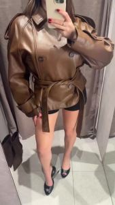Women Elegant Vintage Lace Up Leather Jacket Women Double Breasted Long Sleeves Jackets For Women 2026 Spring Loose Coats