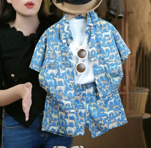 Stylish Korean Version Animal Print Three-Piece Set for Kids Summer New Arrival Fashionable Cartoon Printed Shirt Kids Outfit