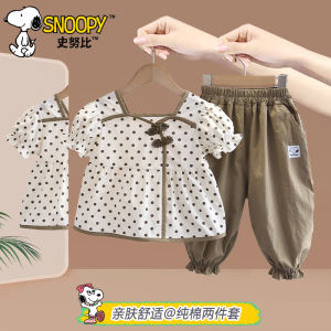 Snoopy Girls Cotton Outfit Summer Thin Button Black Dot Brown Pants Two-Piece Set Cute Childrens Clothing Casual Style Pure Cotton