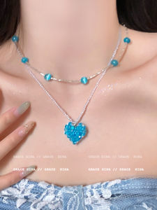Blue Heart Bead Pendant Necklace Womens Summer Beach Accessory Sea Salt Bubble Water Alloy Embedded Artificial Gem Lockbone Chain