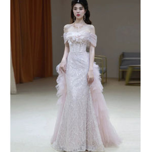Pink Evening Gown One Shoulder Wedding Dress Luxury Bridal Party Dress Korean Style Sequin mid Waist Long Skirt for Women
