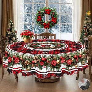 1 Piece Christmas-Themed Printed Tablecloth Vintage Country Farmhouse Style Christmas Wreath Bells Red and Black Plaid Pattern Design Suitable for Christmas New Years Parties Party Decorations Kitchen Accessories Room and Outdoor Decorations...