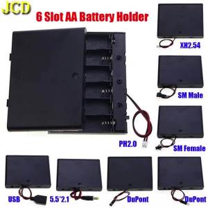 JCD 1pcs 6 Slots AA Battery Holder Storage Case Box With DC 5.5*2.1mm PH2.0 XH2.54 SM Dupont Terminal Leadwire & Switch & Cover