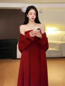 French Gentle Knitted Two-Piece Set Womens Midi-Length Open Cardigan Elegant Off-Shoulder Dress Autumn Winter Outerwear