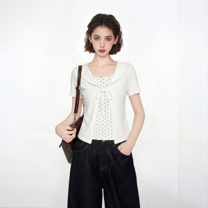 BAIDAIFEI | Polka Dot Pseudo-layered Round Collar Sleeve T-shirt Slim Fit Summer