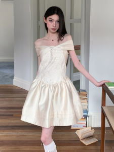 Tobaby Summer New One Shoulder Princess Birthday Dress Skirt Luxurious French Style Daily Wear Fluffy Dress Commute High Waist