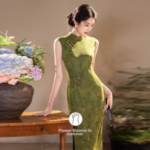 Elegant Chinese-style Sleeveless Long Dress Green Elastic Gauze