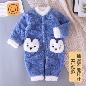 ชุดหมีผ้าขนสองหน้าชุดนอนผ้าคอรัลฟลีซสำหรับเด็กฤดูหนาวสำหรับผู้ชายฤดูหนาวรอมเปอร์สูทผ้าสักหลาดสำหรับเด็ก2ขวบเพิ่มความหนาสำหรับฤดูใบไม้ร่วง1ขวบ