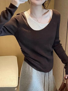 LUOFEN | เสื้อชั้นในสองชิ้นปลอมสำหรับผู้หญิง ฤดูใบไม้ผลิ 2025 เสื้อสเวตเตอร์แขนยาวหลวมๆ ทรงหลวมๆ สำหรับใส่ในฤดูใบไม้ผลิ