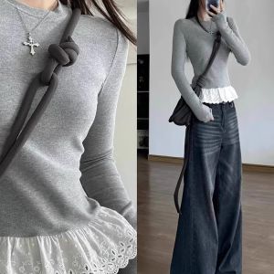 Korean Style round Neck Ruffle Splice Long Sleeve T-Shirt Womens Spring Autumn New Ballet Style Slimming Base Top