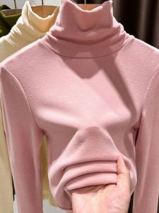 Pink Double-Sided Thickened High-Neck Womens T-Shirt Autumn Winter Fleece Lined Long Sleeve Base Layer Shirt Korean Style Slim Fit