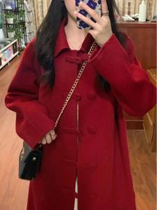 Red Woolen Coat for Women Winter 2024 Vintage Chinese Style Wedding Outerwear Long Sleeve Polo Collar Single Button Closure