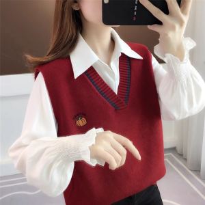 Red Ladies Vest Top Spring Autumn Outerwear Knitted Sweater Two Piece Set Commute Style Button Detail Cotton Blend Regular Fit