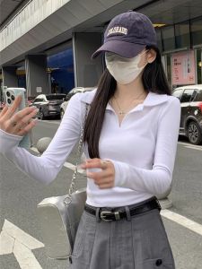 เสื้อยืดคอโปโลทรงสลิมฟิตสำหรับผู้หญิง แขนยาว สีขาว ทรงเข้ารูป ทรงเข้ารูป แขนยาว คอโปโล แขนยาว แขนยาว แขนยาว