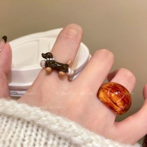 Amber Colored Dachshund Dog Pearl Ring for Women Cute Unique Little Dog Finger Ring Exaggerated Niche Design Ring