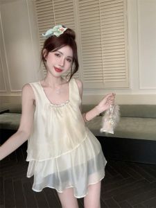 GUZILIAN | Sweet Korean Style Slimming Sleeveless Ruffle Hem Diamond Loose Shirt Summer New French Super Fairy Outfit Top Fashionable Casual