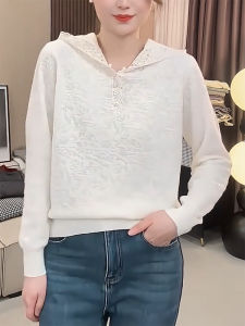 QINGNAER | Lace Edging Hooded Lace Long Sleeve Knitwear Womens Large Size