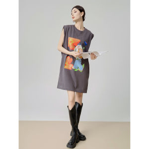 XIAODADEHUA | Gray Print Round Neck Sleeveless Womens T-Shirt