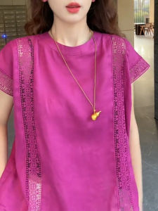 UYFY | เสื้อเชิ้ตแขนสั้นคอโปโลลายลูกไม้สีแดง ทรงหลวม ไซส์ใหญ่ แฟชั่นฤดูร้อน เสื้อผ้าทำงานผู้หญิง ความยาวปกติ