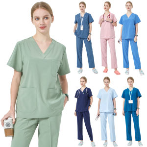 Bộ Đồng Phục Y Tá Nữ Màu Trơn Chất Liệu Vải Thun Co Giãn 4 Chiều Chất Liệu Polyester Và Elastane Gồm Áo Và Quần.