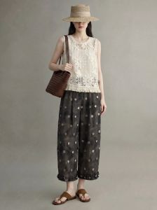 GULILI | Resort Style Beige Lace Hollow Out Tank Top with Polka Dot Wide Leg Pants Suit
