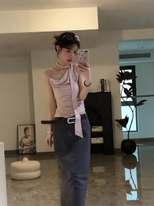 VKSOD | เสื้อกั๊กผู้หญิงแขนกุดทรงหลวมสบายๆ 2 ชิ้น กระโปรงยาวทรงเข้ารูป ดีไซน์ไม่สมมาตร คอวี ทรงเข้ารูป ฤดูร้อน 2025