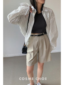 Elegant High Waist Suit Pants Womens Black Fashionable Drapey Mid-Length Straight Leg Five-Quarter Length Slimming Bermuda Shorts