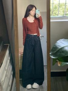 พลัสไซส์ ผู้หญิง หลวม Fit High เอว ขากว้าง เดนิม กางเกง Blue Straight Cut กางเกงขายาว สบาย ฤดูใบไม้ร่วง ฤดูหนาว แฟชั่น