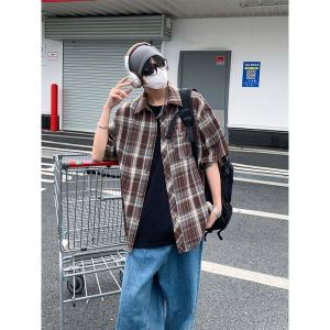 Summer American Plaid Short Sleeve Loose Mens Fashionable Sun Protection Shirt Youth Casual Polyester Cotton Blend Outerwear