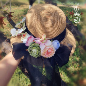 Elegant Floral Decorated Straw Hat Womens Summer Sunshade Beach Bucket Hat Black Sash Versatile Wide Brim Hat for Outings